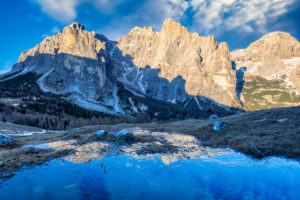 Civetta group south face, in the left Cima delle Mede and Torre Venezia, in the center the Busazza and Torre Trieste, on the right Cima delle Sasse, view from upper Corpassa valley, Dolomites, Taibon Agordino, Belluno, Veneto, Italy Civetta group south face, in the left Cima delle Mede and Torre Venezia, in the center the Busazza and Torre Trieste, on the right Cima delle Sasse, view from upper Corpassa valley, Dolomites, Taibon Agordino, Belluno, Veneto, Italy
